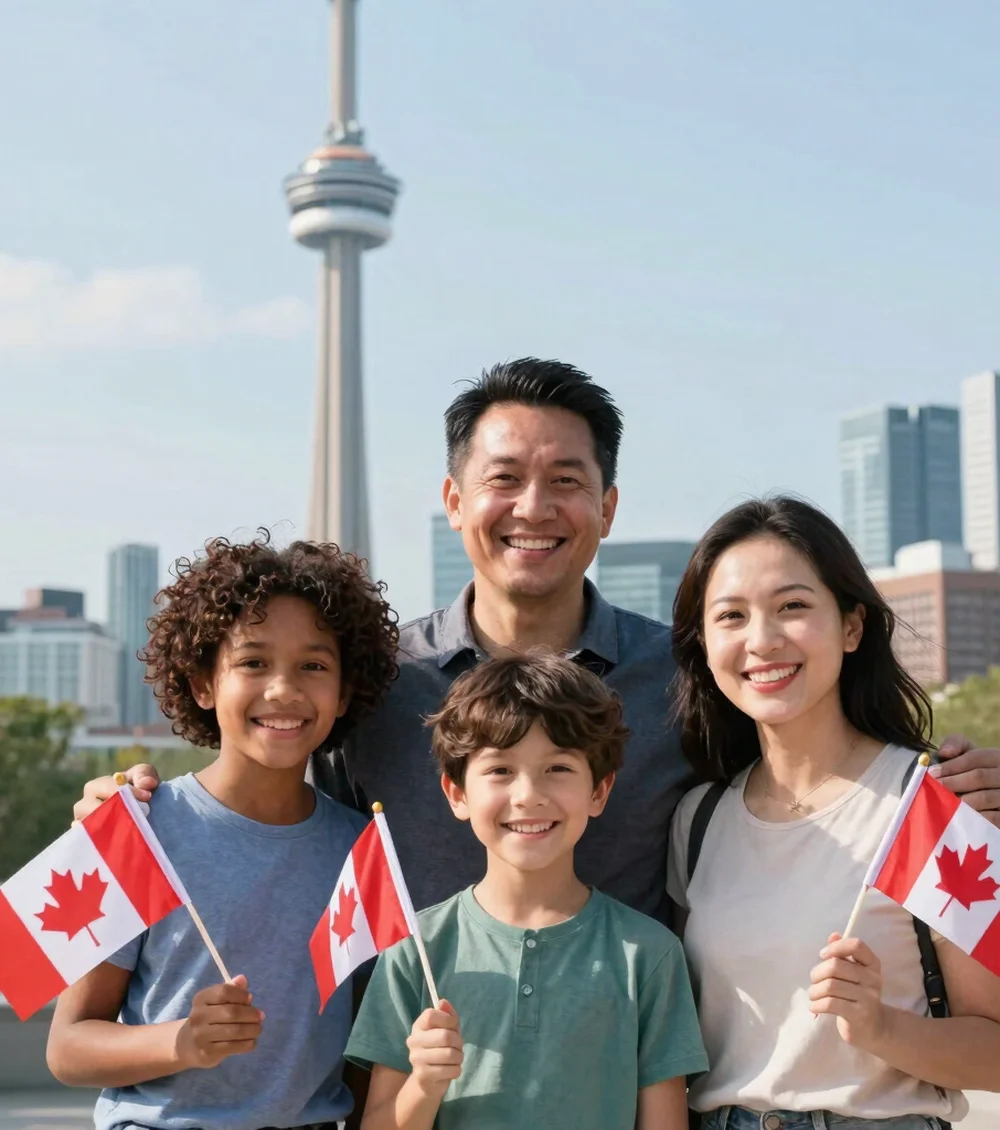 Smiling family holding Canadian flags in front of the CN Tower